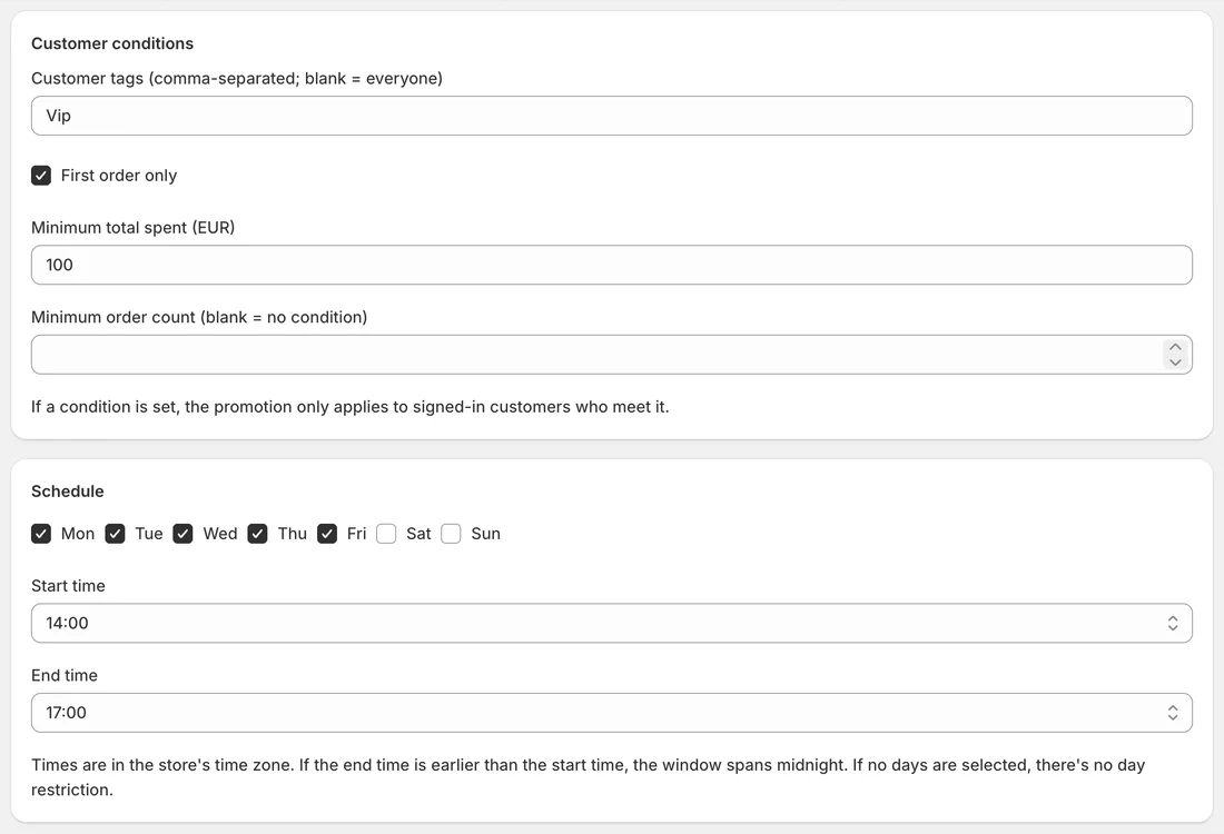 Customer conditions and schedule fields in the promotion editor: a customer tag, first order only, a minimum spend, weekdays and a 14:00–17:00 window.